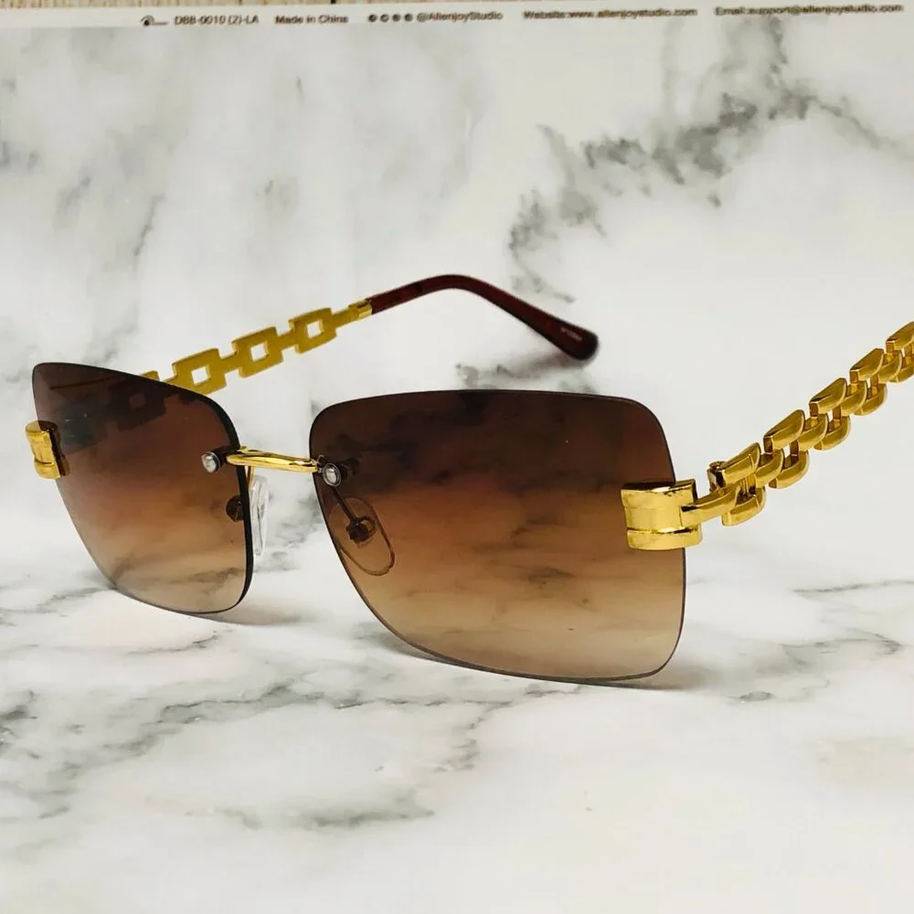 Men Sunglasses‎ Brown Lens Rimless Luxury Retro Shades Gold Metal Lentes Gafas